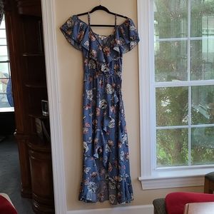 Blue Cold-Shoulder Ruffle Wrap Dress w/ Flowers